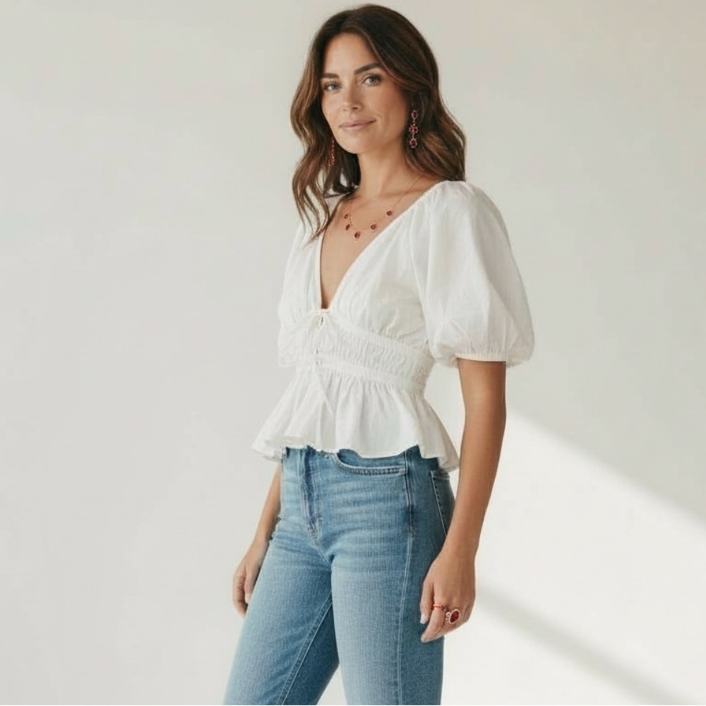 WAYF Ivory Puff Sleeve Blouse
